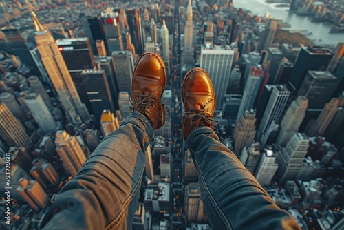 A man's feet in leather shoes dangle from an airplane above New York City, offering a bird's-eye view of skyscrapers and the urban landscape. photo