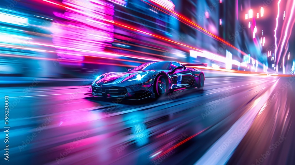 Sports car speeding through neon-lit city