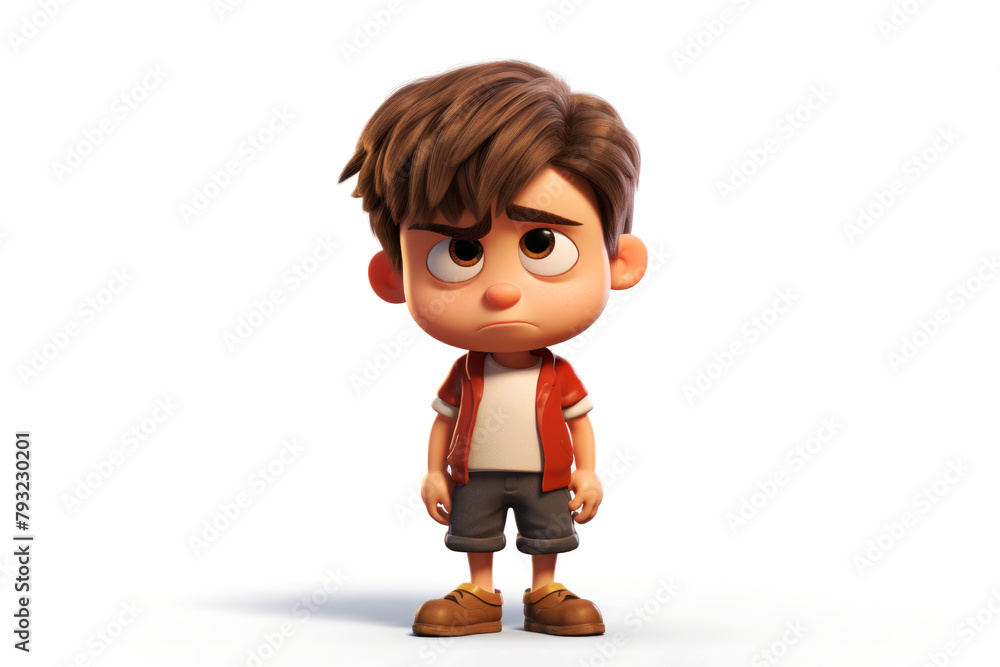 Sad stressed upset cartoon character boy kid child teen person standing alone in 3d style design on light background. Human people feelings expression concept Sad stressed upset cartoon character boy kid child teen person standing alone in 3d style design on light background. Human people feelings expression concept