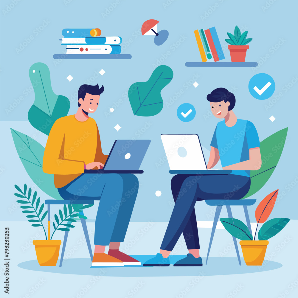 Two men are focused on their laptops, working on assignments at a table, men work on assignments using laptops, Simple and minimalist flat Vector Illustration Two men are focused on their laptops, working on assignments at a table, men work on assignments using laptops, Simple and minimalist flat Vector Illustration