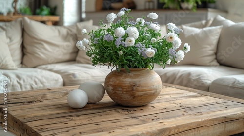  A wooden table holds a vase filled with white flowers and an egg atop it