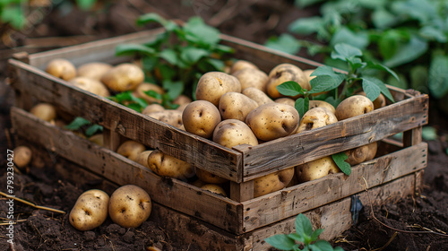 Cosecha fresca de patatas en caja de madera © VicPhoto