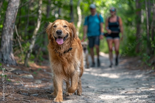 Happy Golden Retriever leading on a forest trail