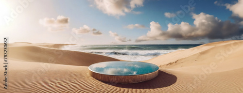 An ocean reflecting base nestles on sandy dunes under a cloudy sky. Serenity defines this scene where a round pedestal mirrors the sea at dawn. Panorama with copy space. photo