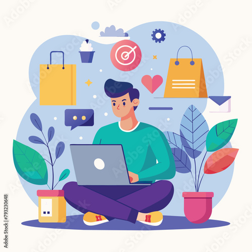 A man sitting on the floor, concentrating on his laptop screen, Millennial purchasing preferences online shopping, Simple and minimalist flat Vector Illustration