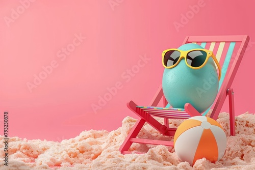 3D Easter egg enjoying beach vacation on pink backdrop