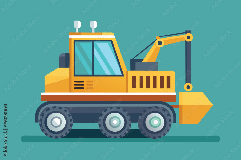 Fototapeta premium A yellow construction vehicle equipped with a crane, modern construction machinery, Simple and minimalist flat Vector Illustration