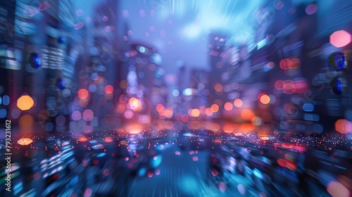 A blurry cityscape with a lot of lights and cars. Scene is busy and bustling