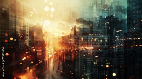 A cityscape with a bright orange sky and a city street with cars. The city is lit up with lights and the sky is filled with stars