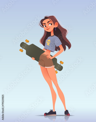 Beautiful teenage girl standing and holding longboard. Wears a t-shirt with a skull, shorts, and sneakers. Gradient background. Skateboarding culture. Flat cartoon vector illustration