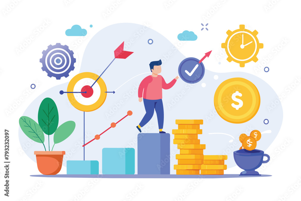 A man confidently stands on a heap of golden coins, symbolizing financial success and wealth accumulation, money earning goals, Simple and minimalist flat Vector Illustration A man confidently stands on a heap of golden coins, symbolizing financial success and wealth accumulation, money earning goals, Simple and minimalist flat Vector Illustration