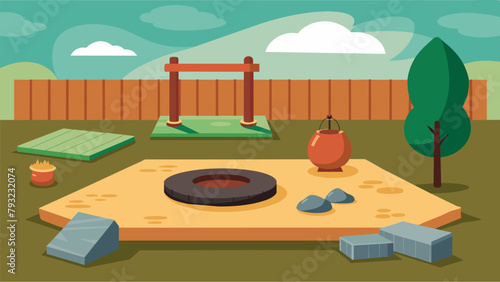 An open space in the backyard with a martial arts mat wooden training dummies and a small rock garden for meditation and reflection.