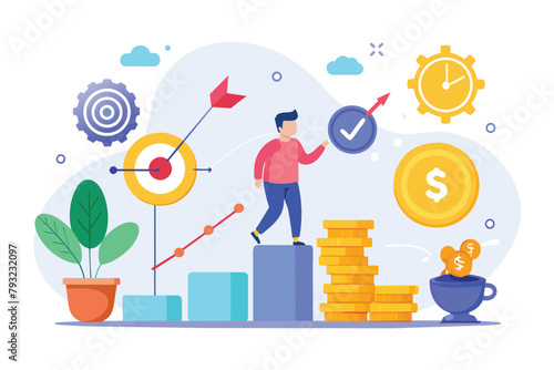 A man confidently stands on a heap of golden coins, symbolizing financial success and wealth accumulation, money earning goals, Simple and minimalist flat Vector Illustration