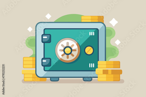 A minimalist flat vector illustration of a safe with numerous coins scattered around it, Money safe, Simple and minimalist flat Vector Illustration