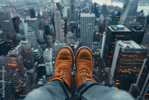 A man's feet are visible dangling from the side of an airplane, presenting a bird's-eye view of the New York City skyline, his legs, and shoes. photo