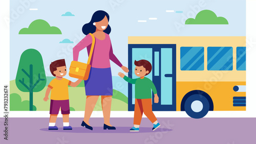 A mother and child holding hands as they exit a bus relieved to be able to save money on gas and reduce their carbon footprint.