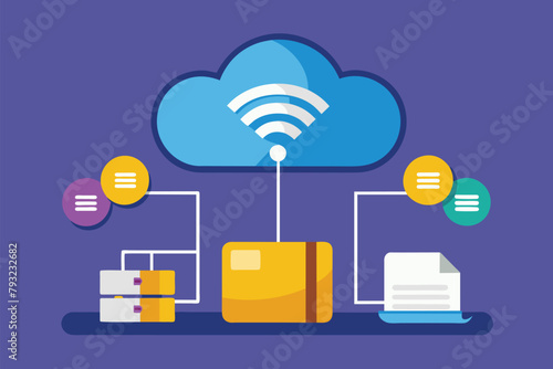 Cloud digitally linked to WiFi network for data transfer and storage efficiency, Move files to cloud storage with a wi-fi connection, Simple and minimalist flat Vector Illustration