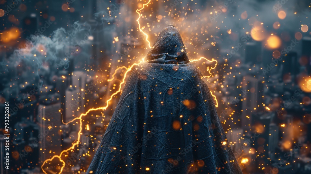 Hooded mystical figure on gloomy backdrop, black cloak, danger lurking, fear, evil presence. Hooded mystical figure on gloomy backdrop, black cloak, danger lurking, fear, evil presence.