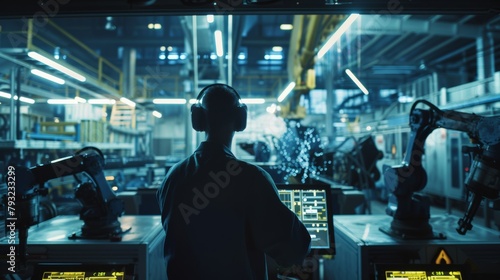 Engineer overseeing automated production line at night