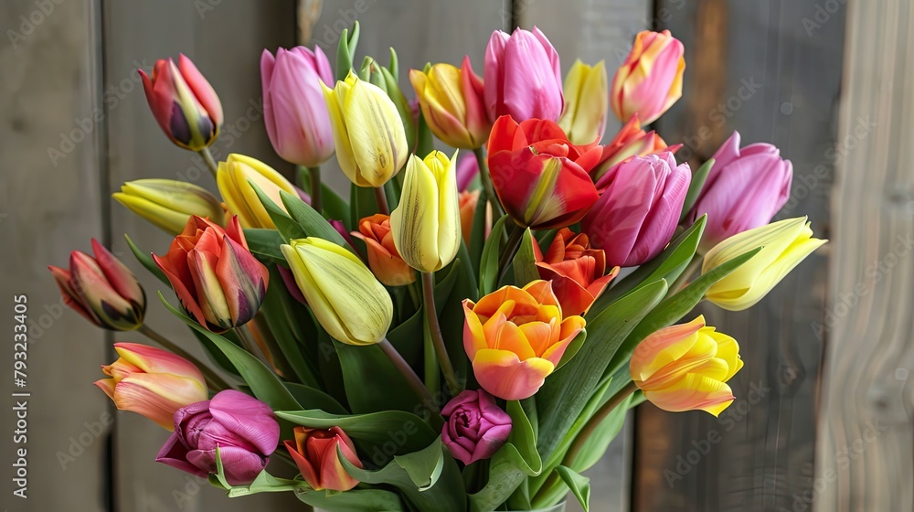 A stunning and vibrant tulip bouquet bursting with an array of colors perfect for celebrating Mother s Day anniversaries graduations sending get well wishes or brightening up a birthday cel A stunning and vibrant tulip bouquet bursting with an array of colors perfect for celebrating Mother s Day anniversaries graduations sending get well wishes or brightening up a birthday cel