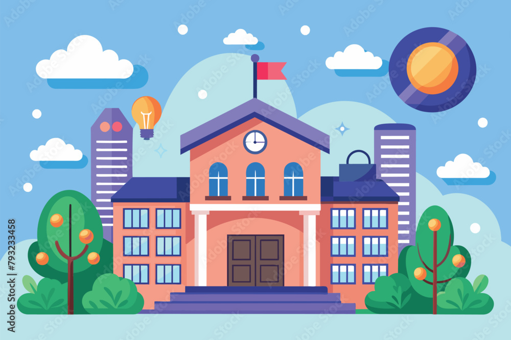 A building featuring a clock tower on its rooftop, showcasing its architectural design and unique timekeeping feature, Multimedia school trending, Simple and minimalist flat Vector Illustration