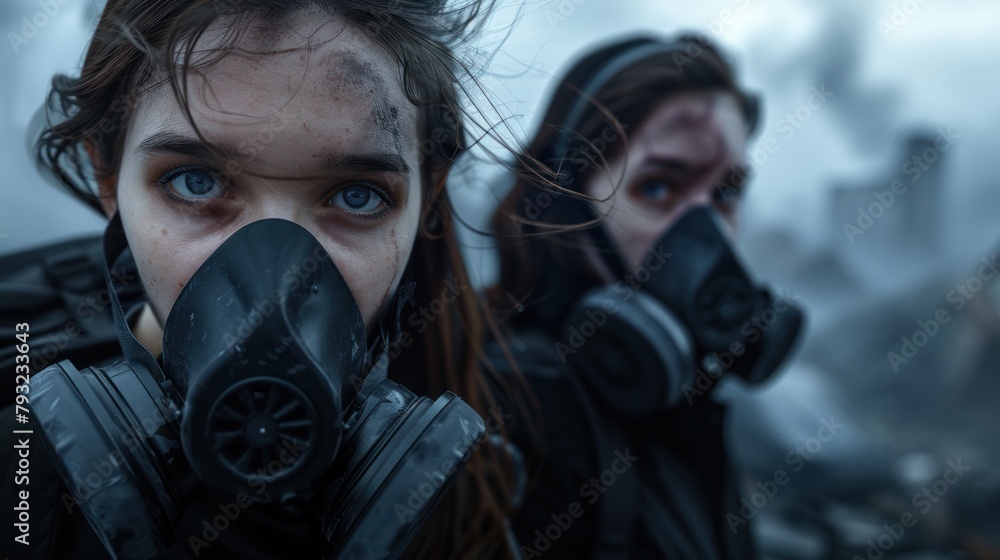 Pair of surviving girls in gas masks against backdrop of city ruins, protect, epidemic, female. Pair of surviving girls in gas masks against backdrop of city ruins, protect, epidemic, female.