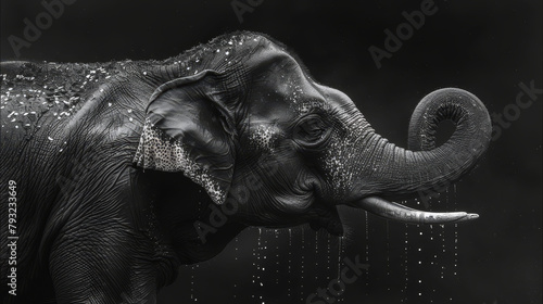  A black-and-white image of an elephant spraying water on its face using its tusks