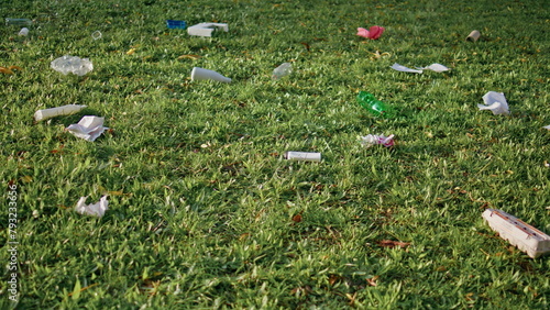 Litter contaminating park grass illustrating environmental negligence problem.