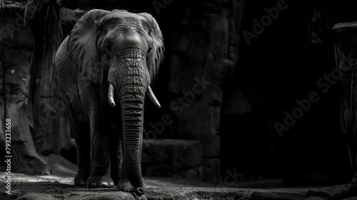  A black-and-white image of an elephant against a dark backdrop, surrounded by rocks and a solitary tree in the distance