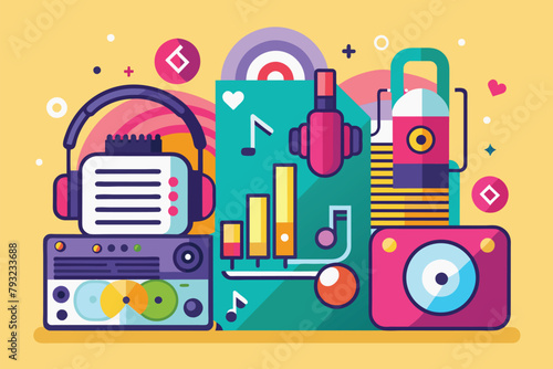 Various items stacked on top of each other in a chaotic pile, Music media collection trending, Simple and minimalist flat Vector Illustration