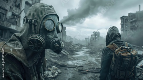 Portrait of woman and man wearing gas masks in destroyed city, safety, pollution protection.