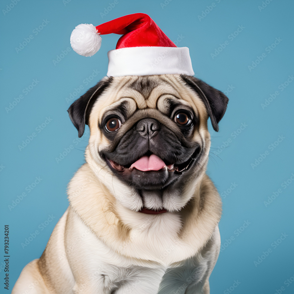 Close-up of a cute pug puppy dressed in a festive Santa hat with its tongue out, giving an amusing and joyful expression. Teal background. Miimal pet concept. Copy space.