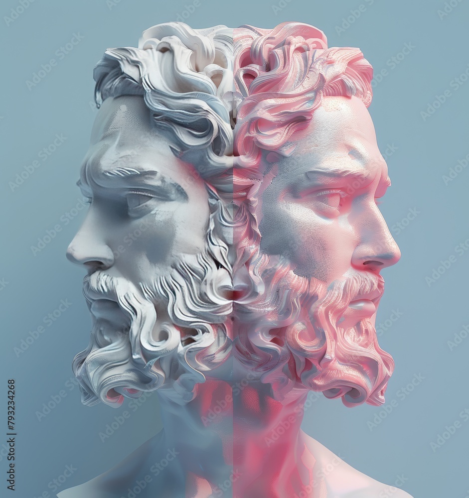 two antique male heads one next to the other in grey and pink. Bipolar disorder or behavior concept two antique male heads one next to the other in grey and pink. Bipolar disorder or behavior concept