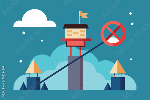 Flat design of a tower with a prominent no entry sign displayed, No connection concept, Simple and minimalist flat Vector Illustration