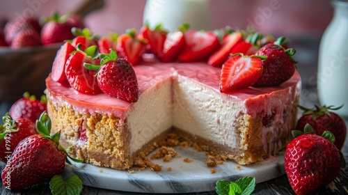   A cheesecake, sliced with a missing piece, and strawberries on an adjacent plate