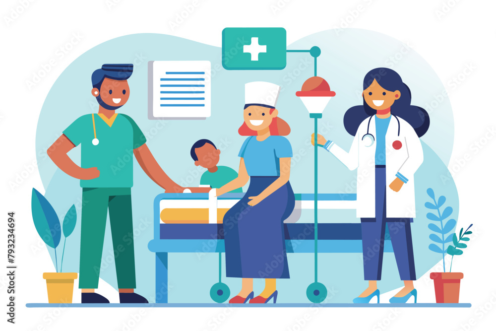 Group of People Standing Around Hospital Bed, nurse with patient and medical staff in hospital, Simple and minimalist flat Vector Illustration