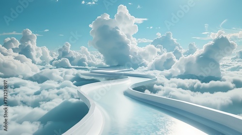 A captivating 3D illustration that portrays an infinite road stretching into the horizon, surrounded by clouds