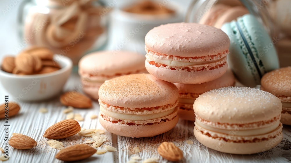 A table holds a stack of macaroons, adjacent are a bowl of almonds and a jar of macaroons A table holds a stack of macaroons, adjacent are a bowl of almonds and a jar of macaroons