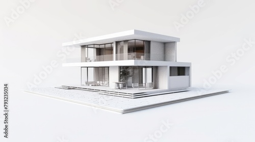 A sleek 3D rendering of a modern, minimalist house set against a plain white background © Chingiz