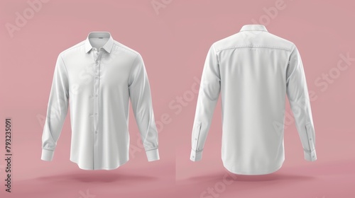 Mockup of a blank long sleeve collared shirt, exhibiting front and back views. This plain t-shirt mockup is suitable for tee design presentations, rendered in 3D illustration. photo
