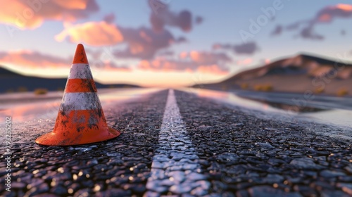 A simple yet impactful background featuring a traffic cone placed on a road track, symbolizing caution and safety photo