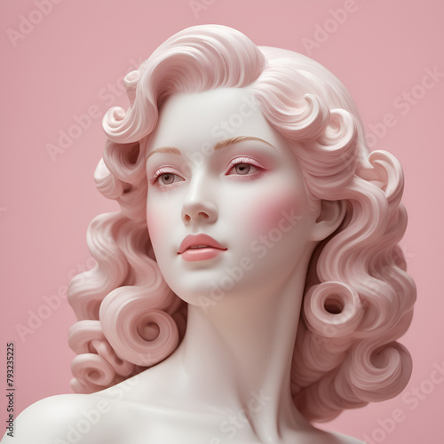 A sophisticated classical statue with voluminous pink hair looking away, pastel pink backdrop. Minimal concept of feminime beauty. Copy space.