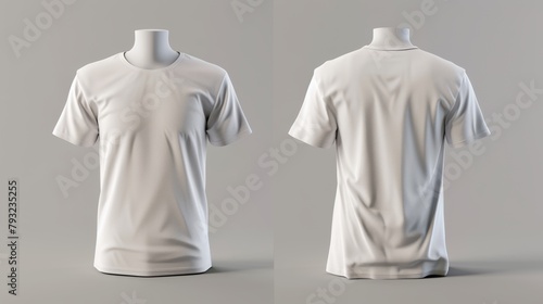 Mockup of a men's blank short sleeve t-shirt, featuring front and back views for design presentations. Rendered in 3D illustration, this mockup is suitable for print design showcases.
