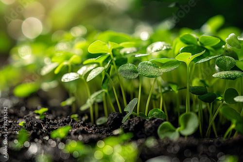 Close-up of microgreens in soil on sunny blurred background. Selective focus. Healthy food concept