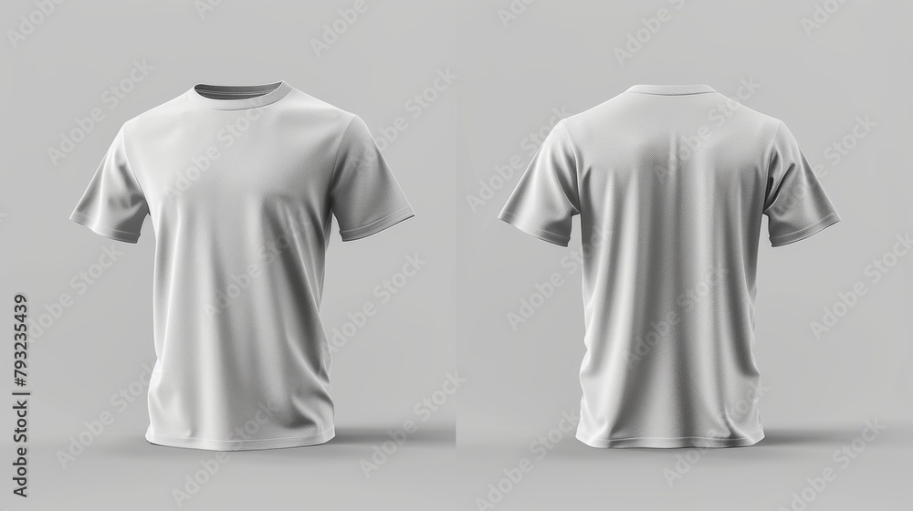 Mockup of a men's short sleeve t-shirt, presenting front and back views. This design presentation mockup is suitable for print design showcases, rendered in 3D illustration. Mockup of a men's short sleeve t-shirt, presenting front and back views. This design presentation mockup is suitable for print design showcases, rendered in 3D illustration.