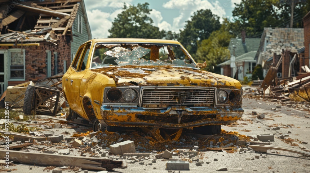 Rusty old car, a relic of transportation's past, against backdrop of urban decay. Rusty old car, a relic of transportation's past, against backdrop of urban decay.