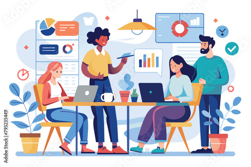 Group of People Working on Laptops at Table, Office people teamwork coworking, Communication and brainstorming, Simple and minimalist flat Vector Illustration © Iftikhar alam