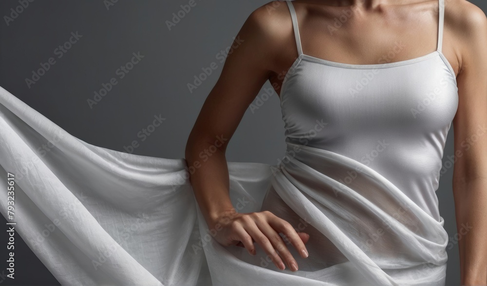 Cropped image of tender slim female body covered with silk white fabric over grey background. Body care, fitness and wellness. Concept of natural beauty, health. Banner, flyer	