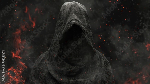 Gloomy background with hooded figure, black cloak, danger, spooky atmosphere, darkness.