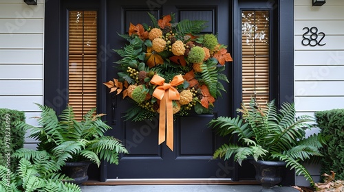   A wreath adorns the front door of the house, sporting an assortment of orange and green flowers The door is further embellished with a bow photo